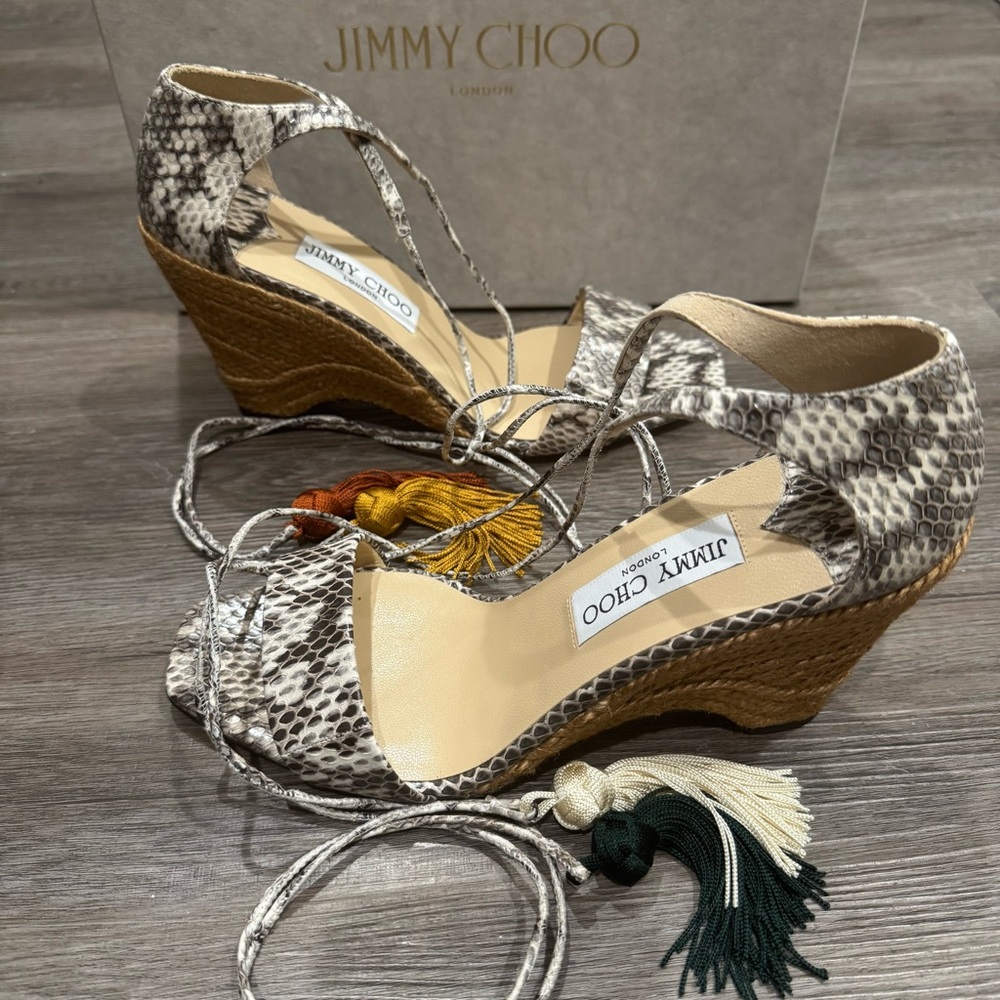 Jimmy Choo Deva 85 Roccia Snakeskin Leather Wrap Around Tassel Wedge Sandal